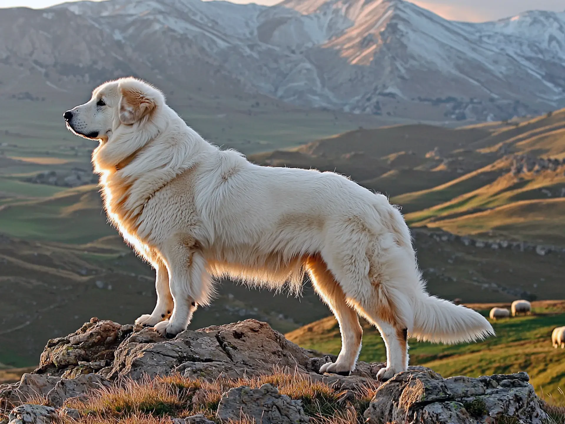 Great Pyrenees dog standing majestically on rocks, overlooking a mountainous landscape, symbolizing its role as a livestock guardian.