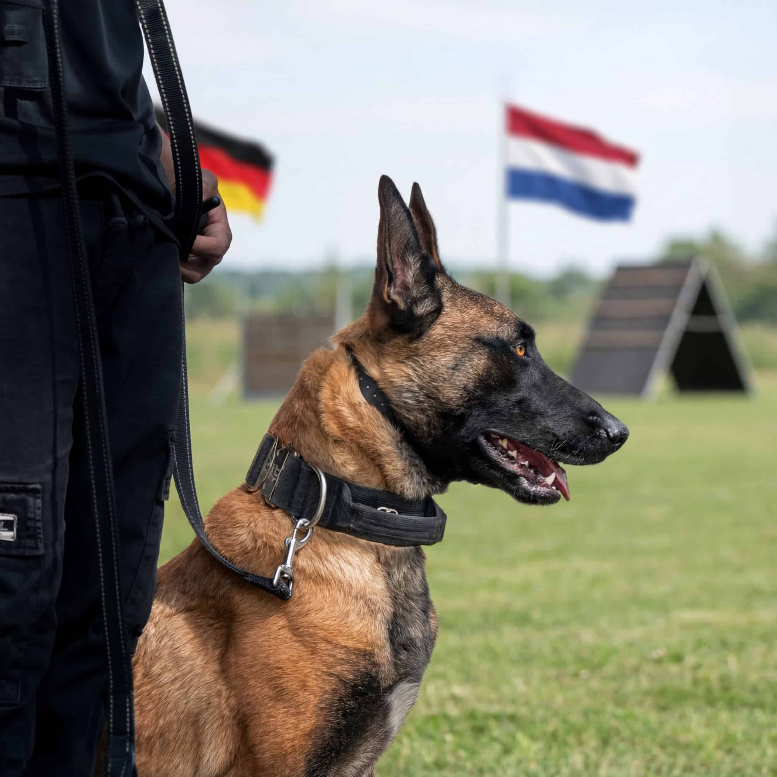 a protection dog standing guard over international flags