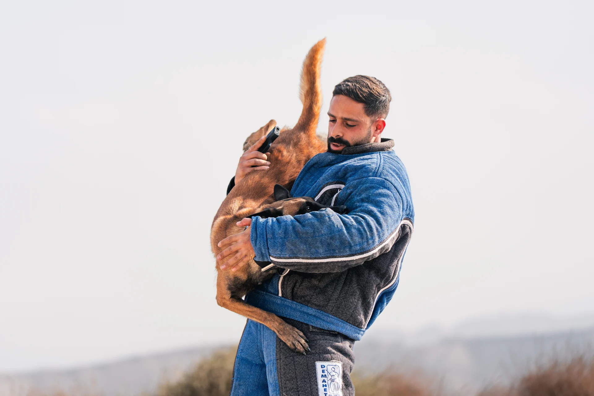 Man in protective training gear holding a trained dog, demonstrating controlled response and stability in a training environment.