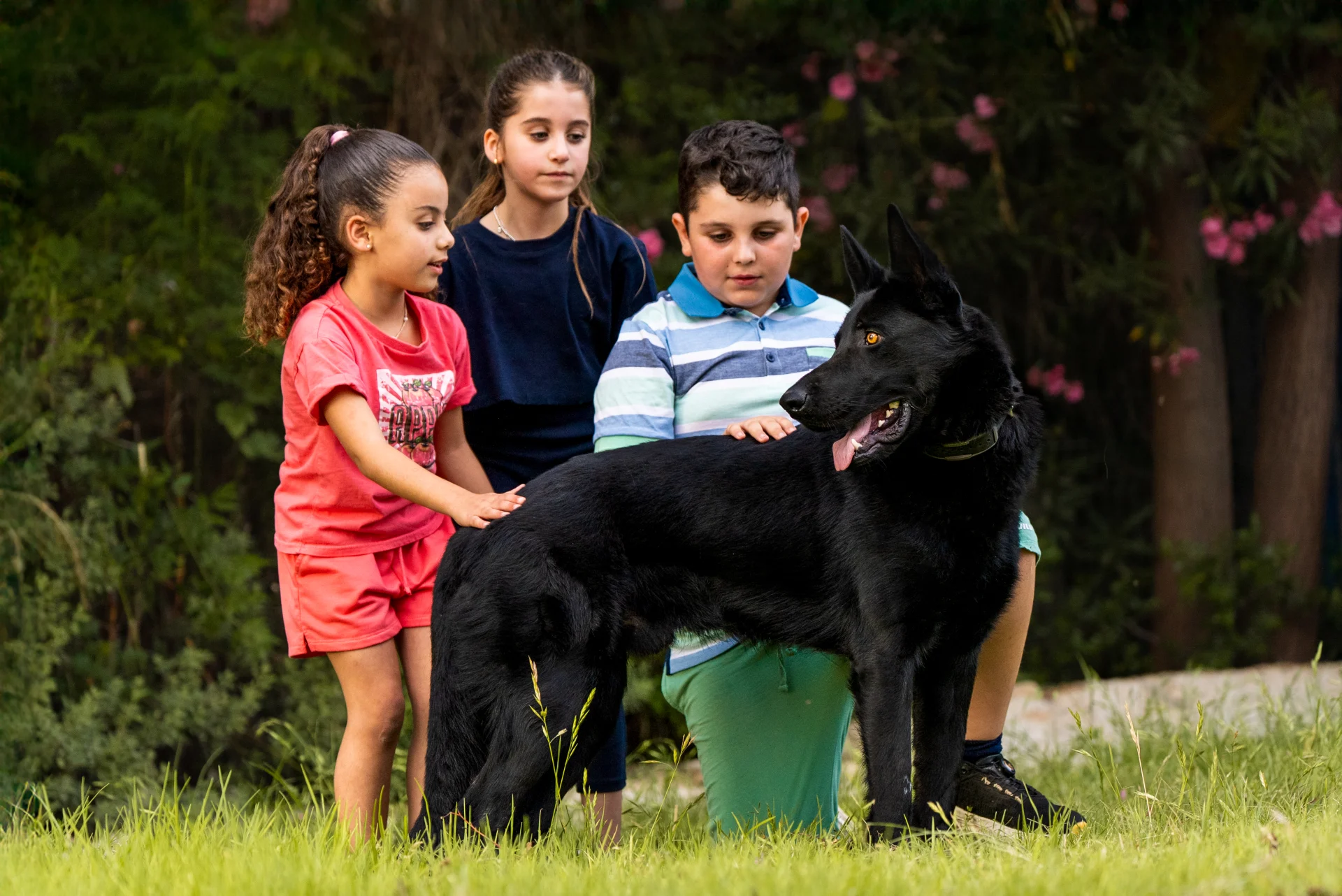 Family with well-trained black German Shepherd protection dog in a yard.
