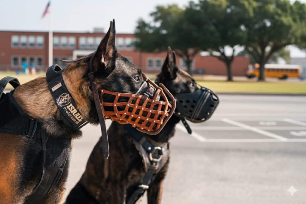 Two protection dogs standing side by side