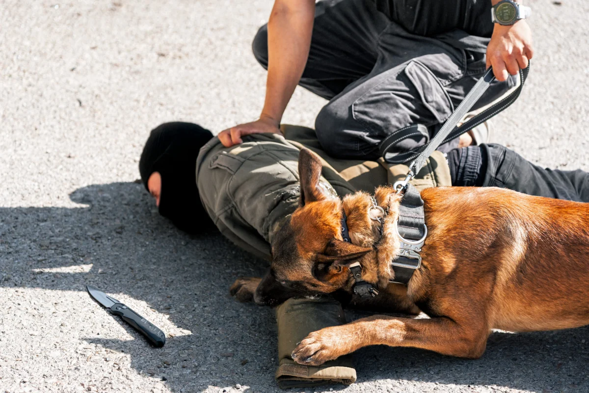 Protection dog handler and canine demonstrating security response and threat neutralization.