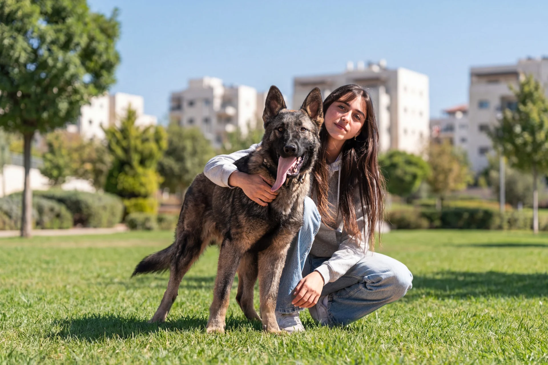 Young woman kneeling beside a trained protection dog in a grassy park, showcasing the bond between owner and dog, relevant to hypoallergenic protection breeds and family integration.